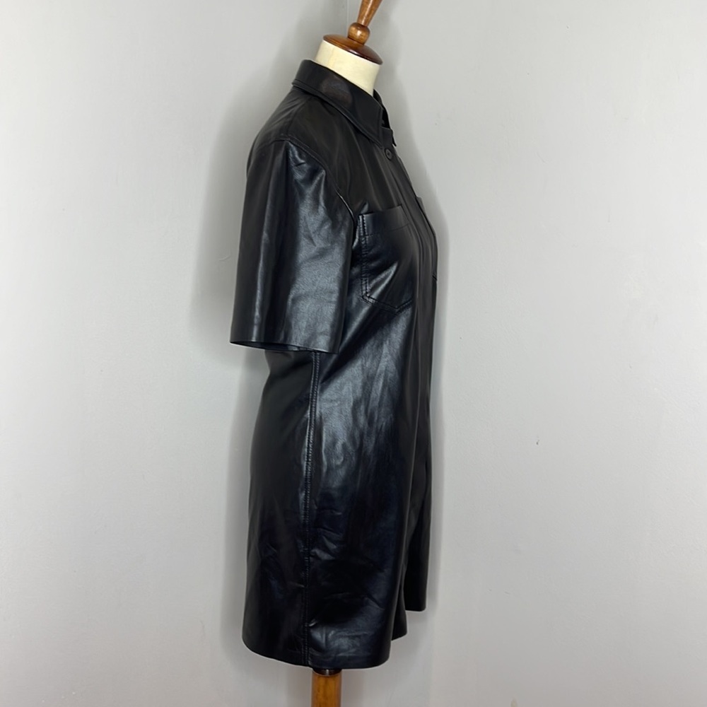 NANUSHKA “Berto” Vegan‎ Leather Collared Button-down Shirtdress in Black - Picture 9 of 15